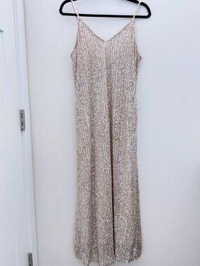 Style Rack Sequin Maxi Dress S Champagne Sheer Mesh Lined V Neck